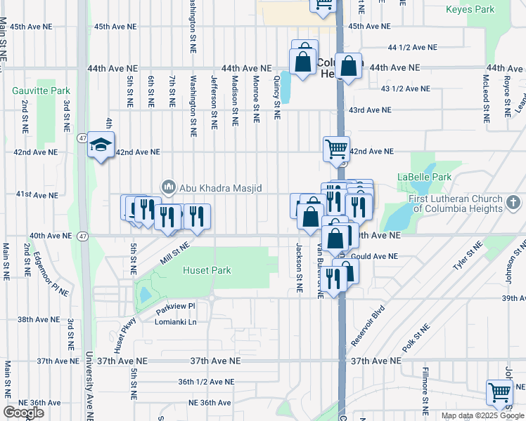 map of restaurants, bars, coffee shops, grocery stores, and more near 4037 Monroe Street Northeast in Minneapolis