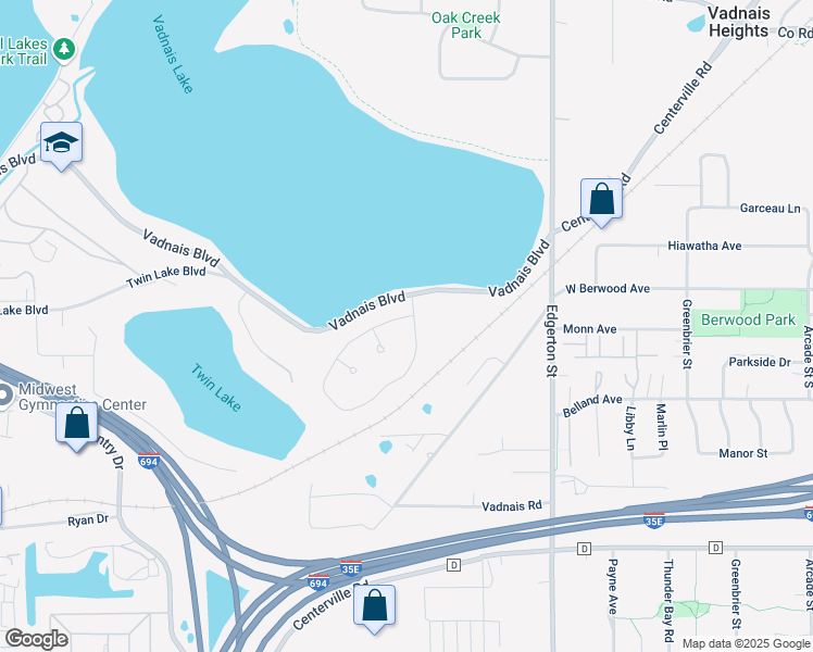 map of restaurants, bars, coffee shops, grocery stores, and more near 400 Vadnais Lake Drive in Vadnais Heights