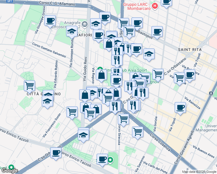 map of restaurants, bars, coffee shops, grocery stores, and more near 13 Via Tempio Pausania in Torino