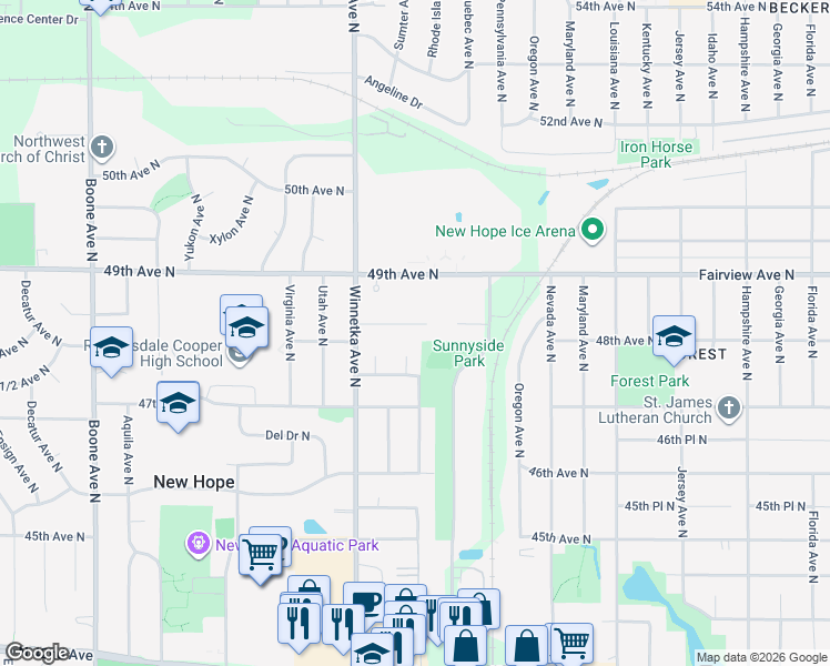 map of restaurants, bars, coffee shops, grocery stores, and more near 7719 48th Avenue North in Minneapolis
