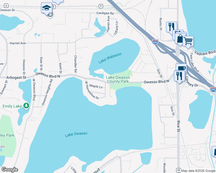 map of restaurants, bars, coffee shops, grocery stores, and more near 392 Horseshoe Drive East in Shoreview