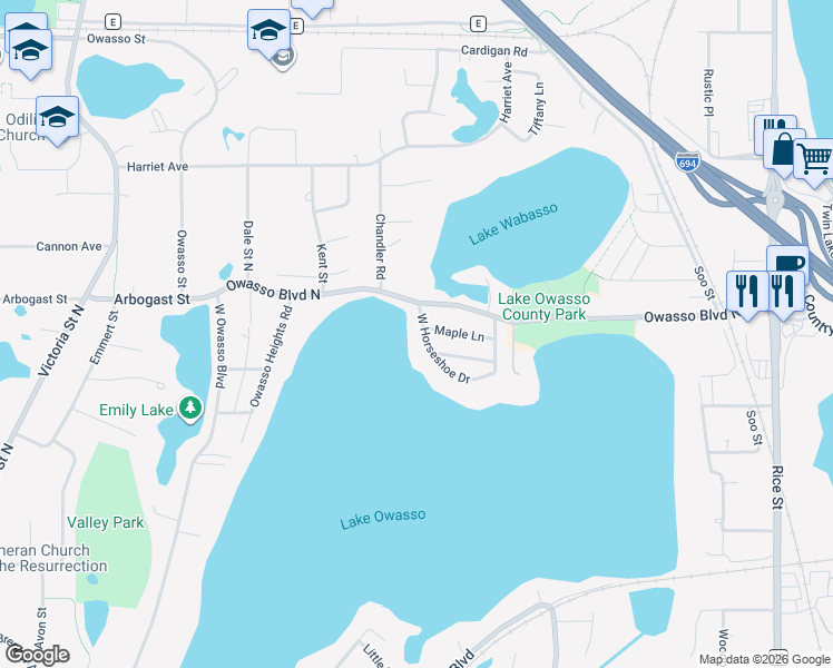 map of restaurants, bars, coffee shops, grocery stores, and more near 454 West Horseshoe Drive in Shoreview