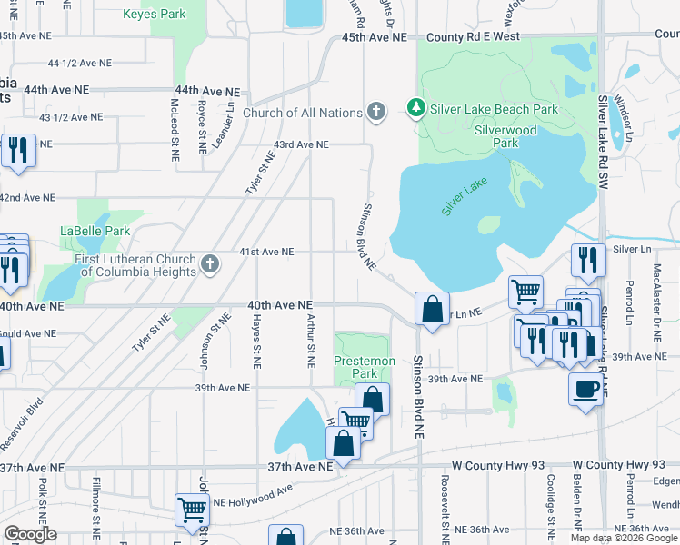 map of restaurants, bars, coffee shops, grocery stores, and more near 4030 Cleveland Street Northeast in Minneapolis