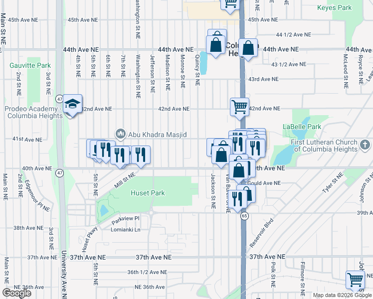map of restaurants, bars, coffee shops, grocery stores, and more near 4037 Monroe Street Northeast in Minneapolis