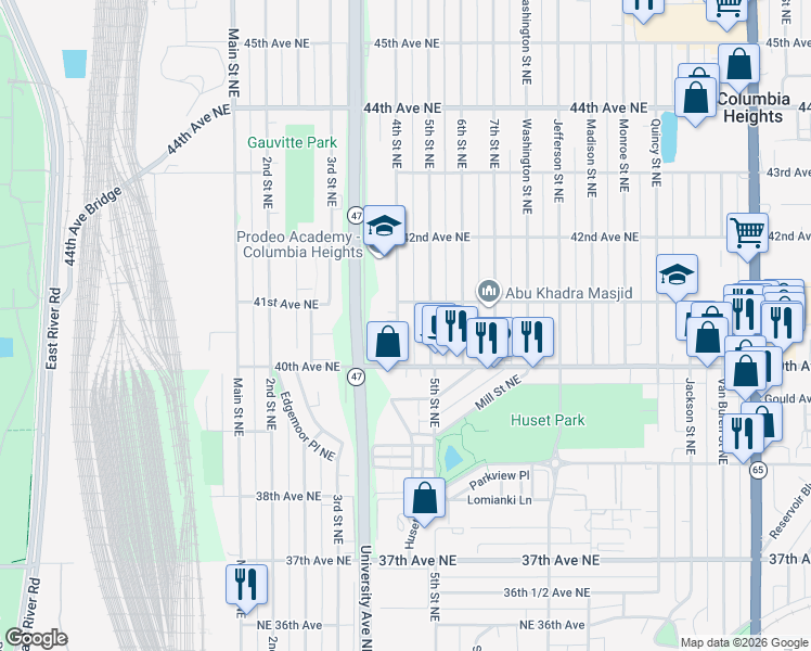 map of restaurants, bars, coffee shops, grocery stores, and more near 4033 4th Street Northeast in Minneapolis