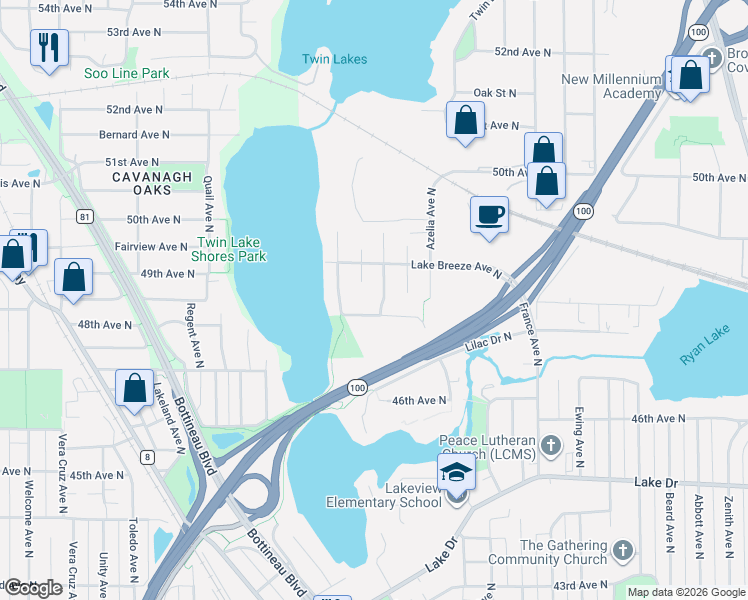 map of restaurants, bars, coffee shops, grocery stores, and more near 4704 Lakeview Avenue North in Brooklyn Center