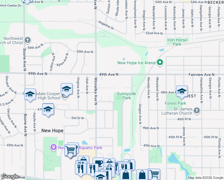 map of restaurants, bars, coffee shops, grocery stores, and more near 7719 48th Avenue North in Minneapolis