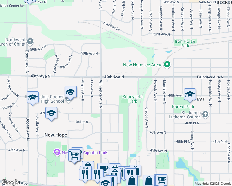 map of restaurants, bars, coffee shops, grocery stores, and more near 7719 48th Avenue North in Minneapolis