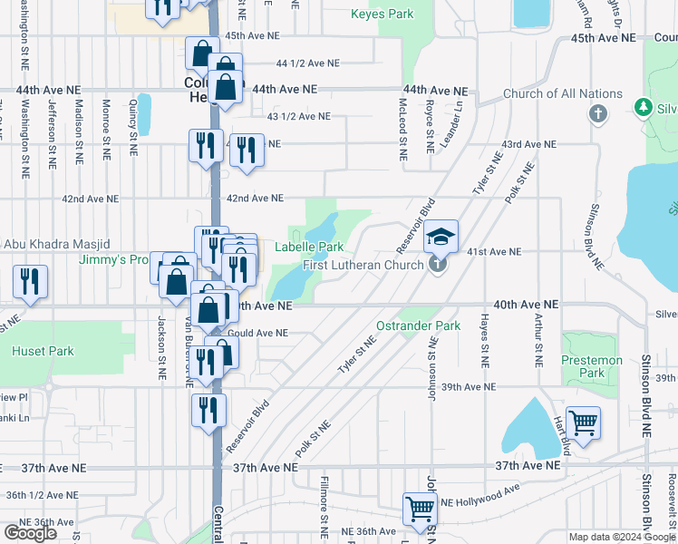 map of restaurants, bars, coffee shops, grocery stores, and more near 1231 Circle Terrace Boulevard Northeast in Minneapolis