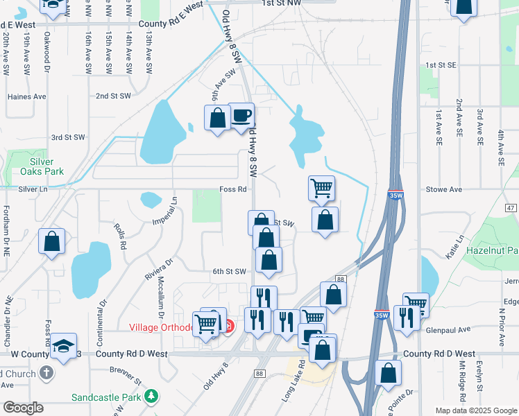 map of restaurants, bars, coffee shops, grocery stores, and more near 485 Old Highway 8 Southwest in New Brighton