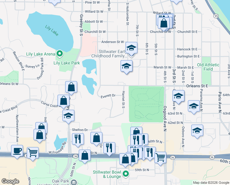map of restaurants, bars, coffee shops, grocery stores, and more near 706 Everett Drive in Stillwater