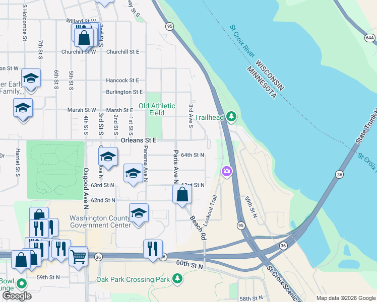 map of restaurants, bars, coffee shops, grocery stores, and more near 15174 64th Street North in Stillwater