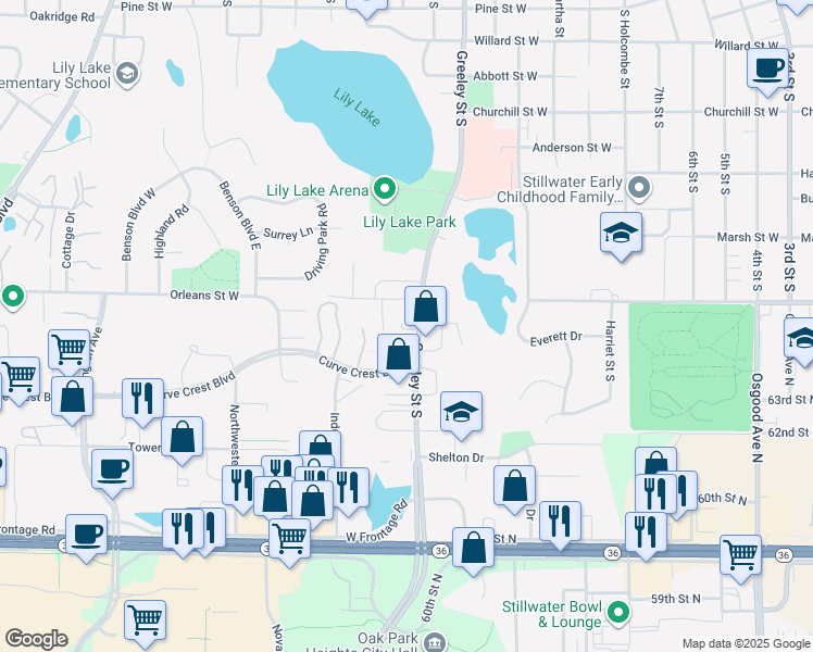 map of restaurants, bars, coffee shops, grocery stores, and more near 1634 Greeley Street South in Stillwater