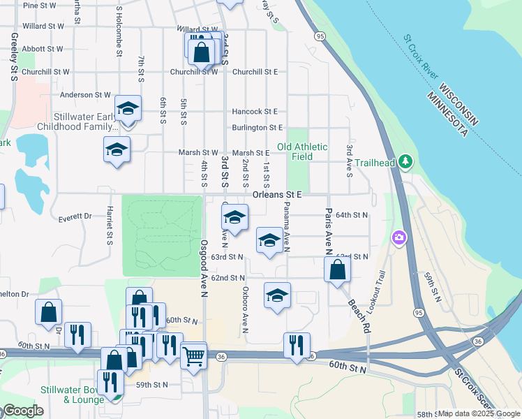map of restaurants, bars, coffee shops, grocery stores, and more near 6440 Ozark Avenue North in Stillwater