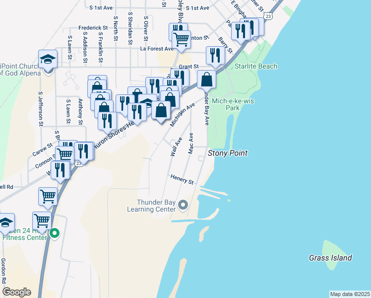 map of restaurants, bars, coffee shops, grocery stores, and more near 600-698 Mac Avenue in Alpena