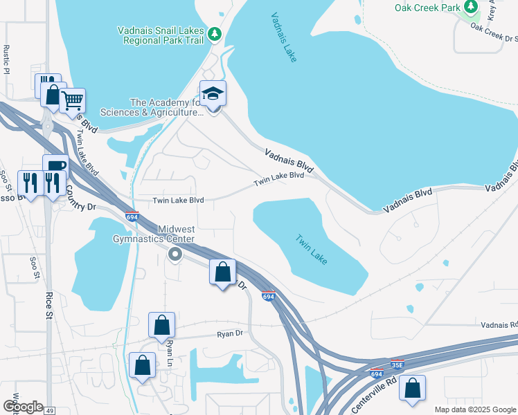 map of restaurants, bars, coffee shops, grocery stores, and more near 154 Twin Lake Boulevard in Saint Paul