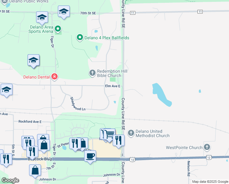 map of restaurants, bars, coffee shops, grocery stores, and more near 1408 Circle Lane in Delano