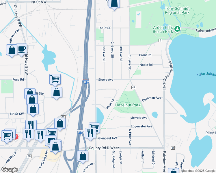 map of restaurants, bars, coffee shops, grocery stores, and more near 3327 Katie Lane in Arden Hills