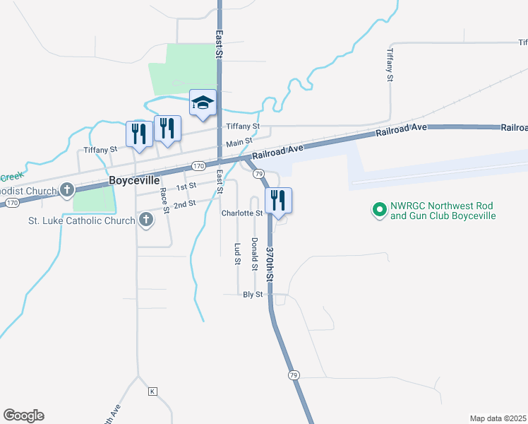 map of restaurants, bars, coffee shops, grocery stores, and more near 915 Wisconsin 79 in Boyceville