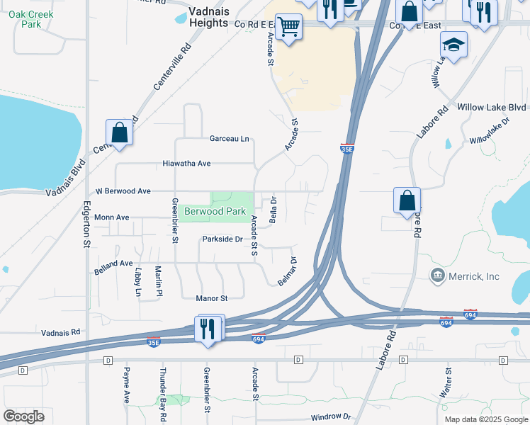 map of restaurants, bars, coffee shops, grocery stores, and more near 3306 Arcade Street South in Vadnais Heights