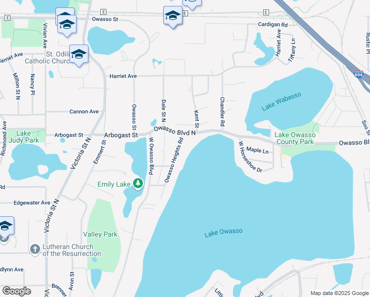 map of restaurants, bars, coffee shops, grocery stores, and more near 3334 Owasso Heights Road in Shoreview