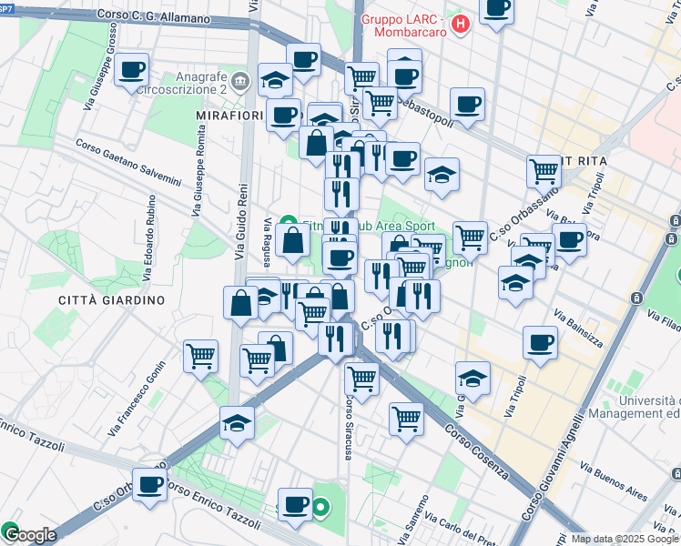 map of restaurants, bars, coffee shops, grocery stores, and more near 1-13 Via Tempio Pausania in Turin