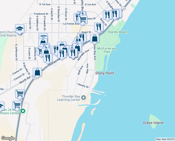 map of restaurants, bars, coffee shops, grocery stores, and more near 600 Mac Avenue in Alpena
