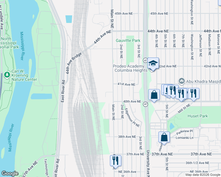 map of restaurants, bars, coffee shops, grocery stores, and more near 4036 Main Street Northeast in Fridley