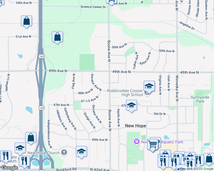map of restaurants, bars, coffee shops, grocery stores, and more near 4762 Decatur Avenue North in Minneapolis