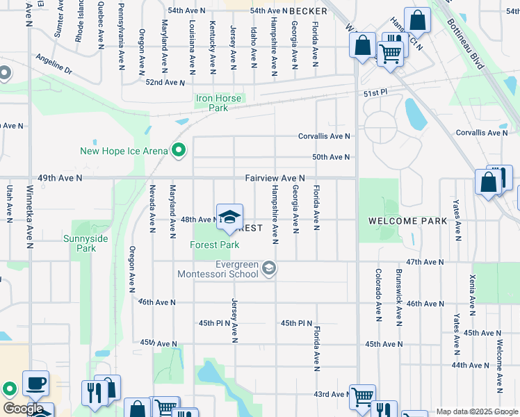 map of restaurants, bars, coffee shops, grocery stores, and more near 4812 Idaho Avenue North in Minneapolis