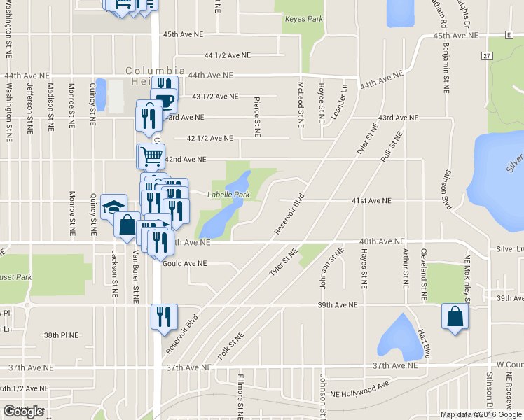 map of restaurants, bars, coffee shops, grocery stores, and more near 1300 Circle Terrace Boulevard Northeast in Minneapolis