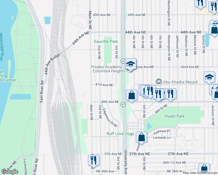map of restaurants, bars, coffee shops, grocery stores, and more near 4050 Maureen Drive Northeast in Columbia Heights