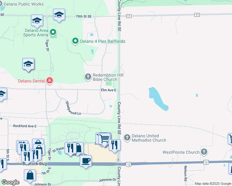 map of restaurants, bars, coffee shops, grocery stores, and more near 1408 Circle Lane in Delano