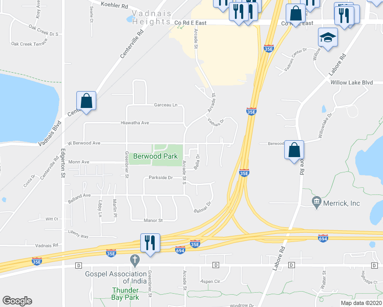 map of restaurants, bars, coffee shops, grocery stores, and more near 832 Greta Lane in Vadnais Heights