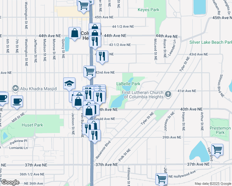 map of restaurants, bars, coffee shops, grocery stores, and more near 1000 41st Avenue Northeast in Columbia Heights