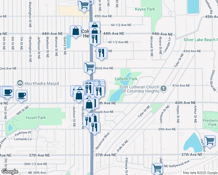 map of restaurants, bars, coffee shops, grocery stores, and more near 1000 41st Avenue Northeast in Columbia Heights