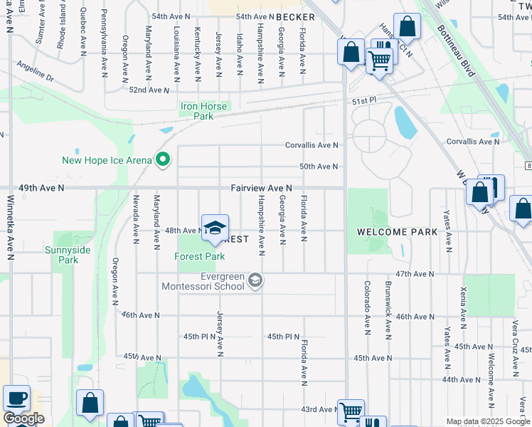 map of restaurants, bars, coffee shops, grocery stores, and more near 4801 Georgia Avenue North in Minneapolis