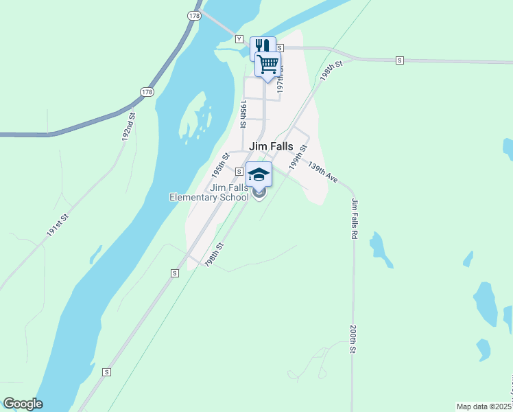 map of restaurants, bars, coffee shops, grocery stores, and more near 13643 198th Street in Jim Falls