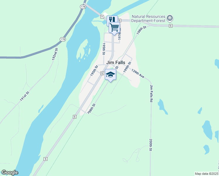 map of restaurants, bars, coffee shops, grocery stores, and more near 13643 198th Street in Jim Falls