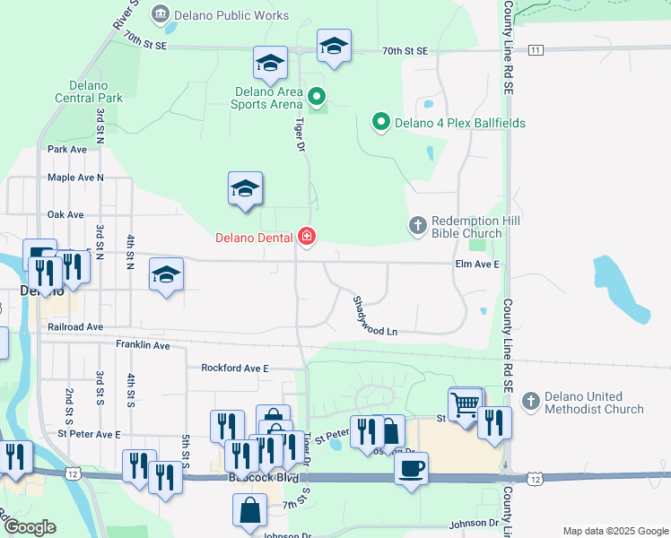 map of restaurants, bars, coffee shops, grocery stores, and more near 149 Shadywood Lane in Delano