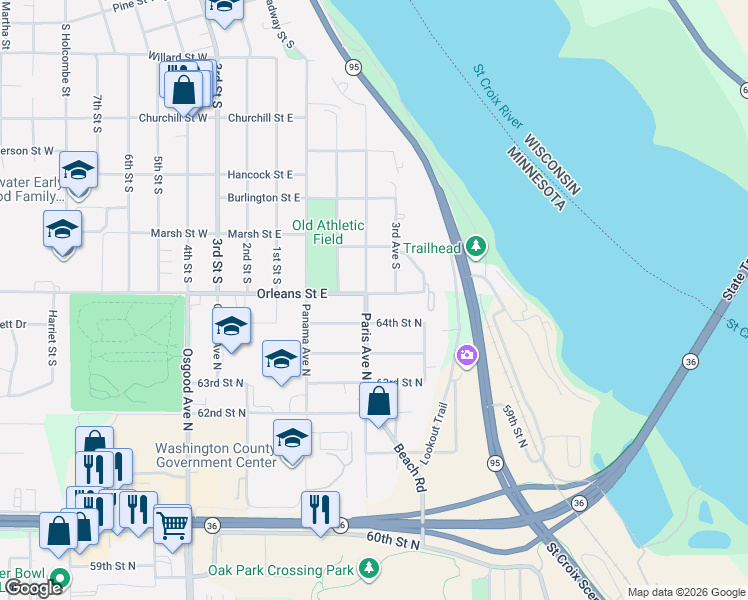 map of restaurants, bars, coffee shops, grocery stores, and more near 15174 64th Street North in Stillwater