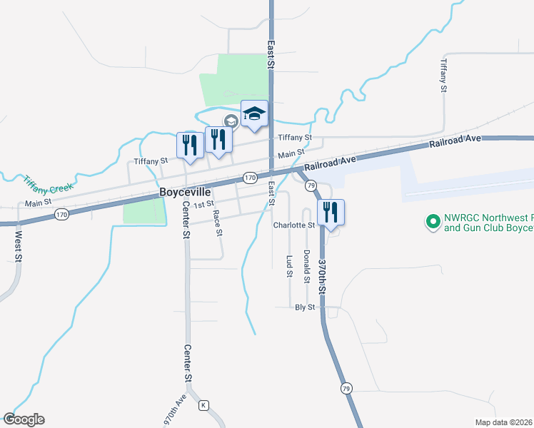 map of restaurants, bars, coffee shops, grocery stores, and more near 1106 Charlotte Street in Boyceville