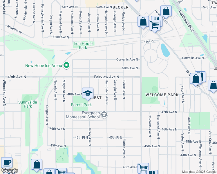 map of restaurants, bars, coffee shops, grocery stores, and more near 4801 Georgia Avenue North in Minneapolis