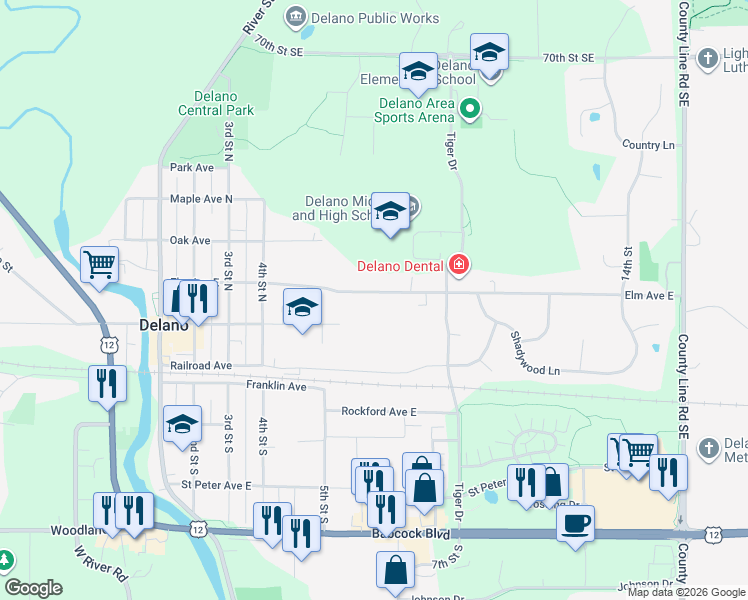 map of restaurants, bars, coffee shops, grocery stores, and more near 533 Elm Avenue East in Delano