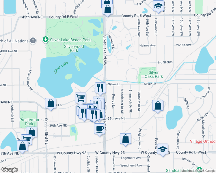 map of restaurants, bars, coffee shops, grocery stores, and more near 4017 Silver Lake Road Northeast in Minneapolis