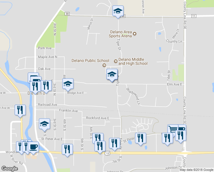 map of restaurants, bars, coffee shops, grocery stores, and more near 557 Elm Avenue East in Delano