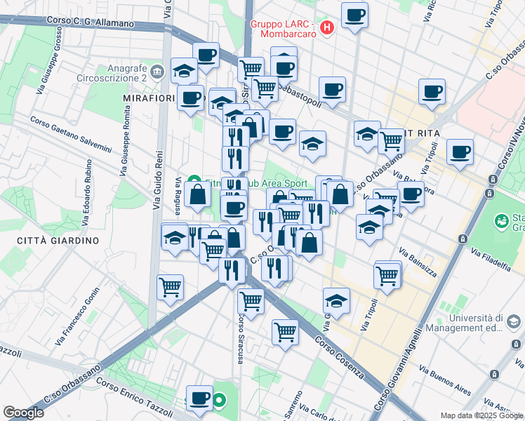 map of restaurants, bars, coffee shops, grocery stores, and more near Corso Orbassano 224 in Torino