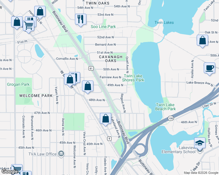 map of restaurants, bars, coffee shops, grocery stores, and more near 4810 Lakeland Avenue North in Minneapolis