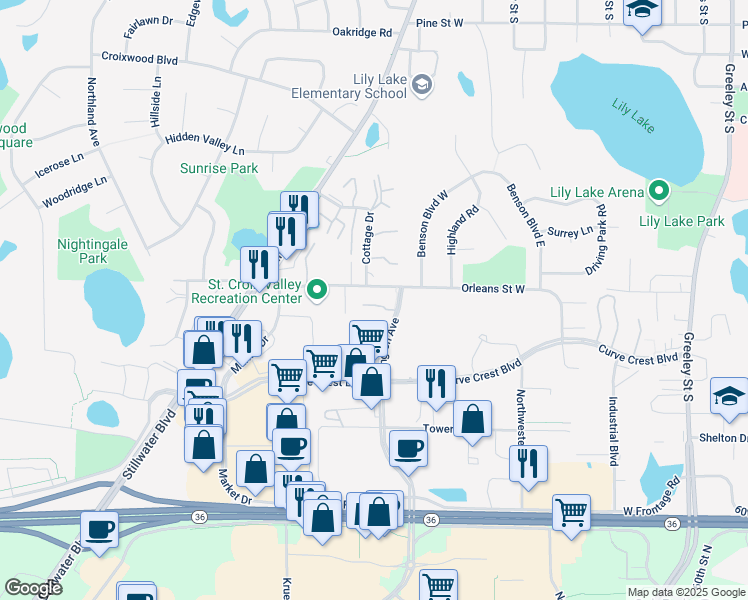 map of restaurants, bars, coffee shops, grocery stores, and more near 1650 Washington Avenue in Stillwater