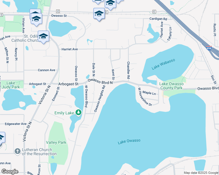 map of restaurants, bars, coffee shops, grocery stores, and more near 3334 Owasso Heights Road in Shoreview